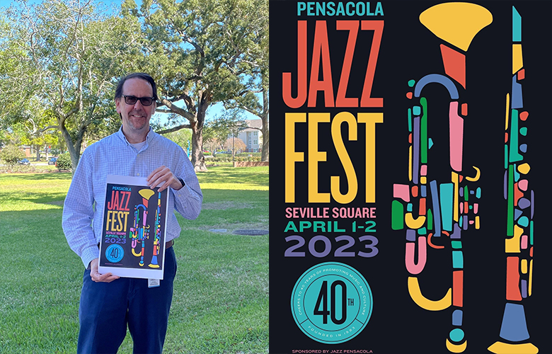 Artist and FPL designer Pete Gurtowsky stands with his design for this year's JazzFest poster